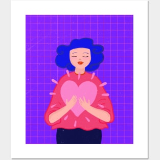 Blue hair girl with big pink heart Posters and Art